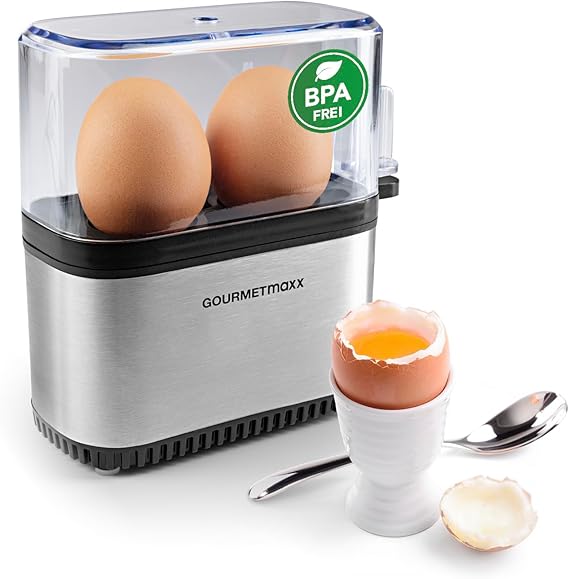 GOURMETmaxx Design Egg Cooker for 2 Eggs Compact Egg Boiler Egg Cooker with Egg Cutter Measuring Cup and Beep 3 Hardness Levels Easy to Clean and Dishwasher Safe Parts