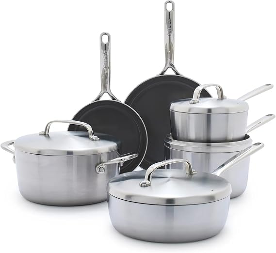 GreenPan GP5 Stainless Steel 5-Ply Healthy Ceramic Nonstick 13 Piece Cookware Pots & Pans Set, Frying Pans, Saute, Saucepans, Stock Pot, Scratch Resistant, Induction,Dishwasher & Oven Safe, PFAS-Free