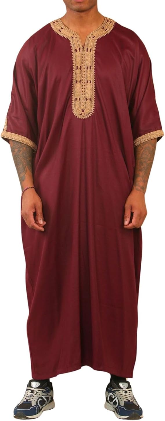 Men's Marron Moroccan Thobe Short Sleeve Gandoura Gold Embroidery Kaftan Jubba