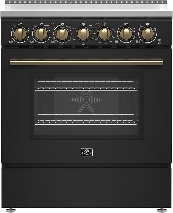 FORNO Paolo 30" Electric Range - Black Freestanding Range with Antique Brass Knobs & Handle, 4.38 cu. ft. True Convection Oven, 5-Element Smooth Cooktop & Warmer, 7,800 Watts