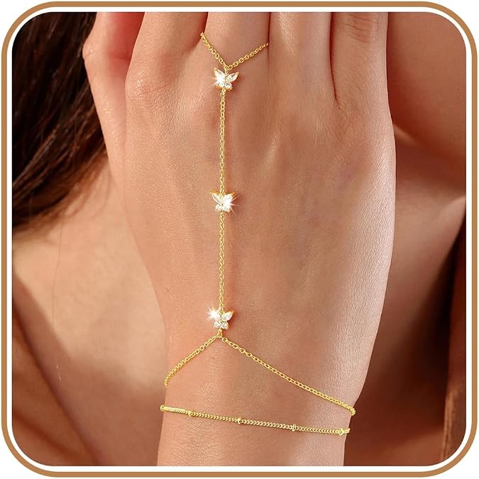 Ursteel 14K Gold Plated Hand Chain for Women, CZ Ring Bracelet Hand Chain
