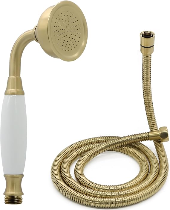 Vintage Handheld Shower Head with 59inch Flexible Hose High-Pressure Antique Rain Showerhead Combo Replacement No Wand Holder, Round Telephone Shape, Brushed Gold