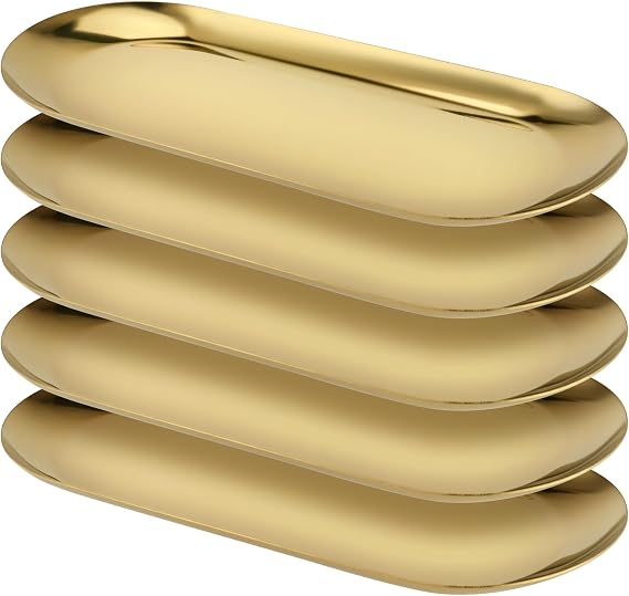 5 PCS Gold Oval Mirror Trays, Stainless Steel Jewellery Trays, Vanity Tray for Makeup, Jewellery, Small Item Organising, 23 x 9cm