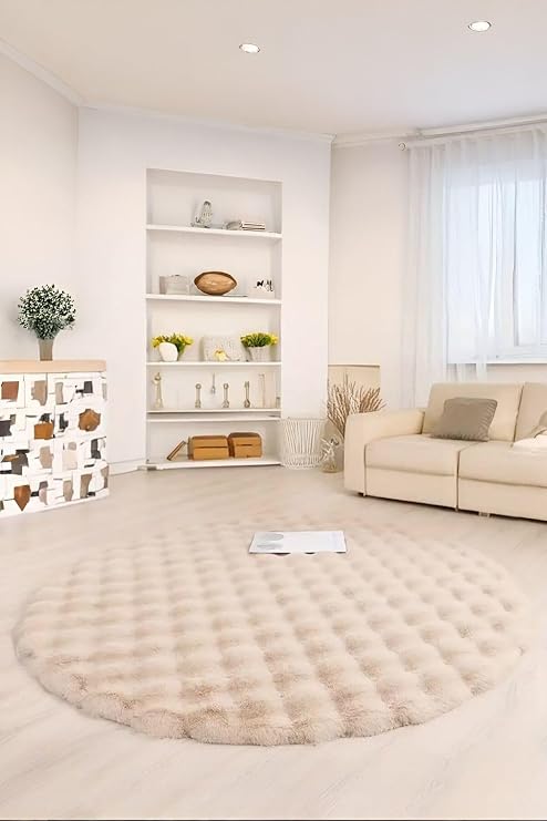 Bubble Yuvarlak Bej Uzun Tüylü Yumuşak Peluş Kaymaz Yıkanabilir Salon Oturma Odası Balkon Halısı 150 x 150