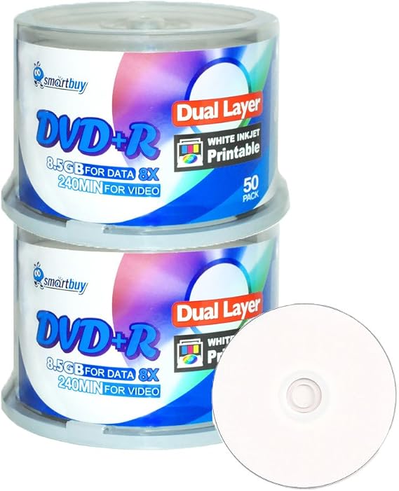 Smart Buy 100 Pack DVD+r Dl 8.5gb 8X White Inkjet Hub Printable Blank Disc