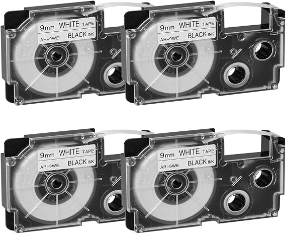Compatible Label Tape Replacement for Casio XR-9WE2S XR-9WE Label Cartridges Compatible for Casio KL-120 KL-60 KL-100 KL-750 KL-780 KL-7000 KL-7200 EZ Label Printer 9 mm x 8 m Black on White, 4-Pack