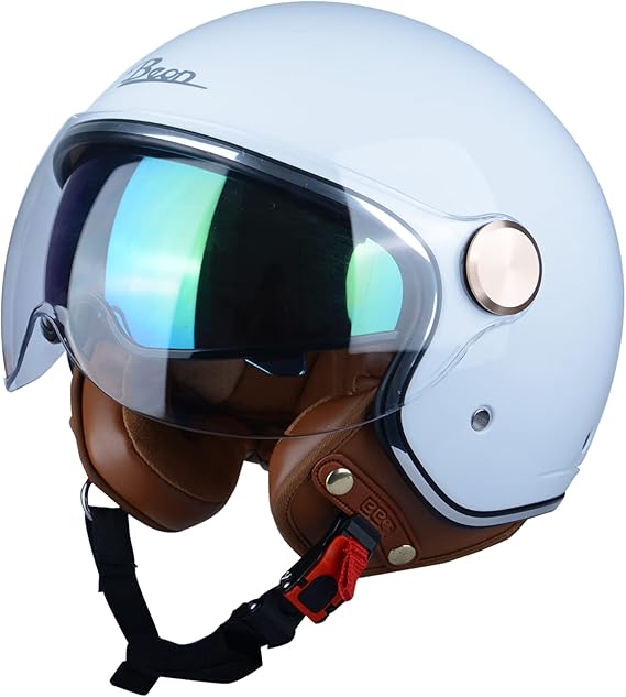 BEON Half 3/4 Face Motorcycle Helmet, DOT Approved, Retro Vintage Style, Dual Visors Mens and Womens Motorbike Casco for Moped Cruiser Bobber and Chopper