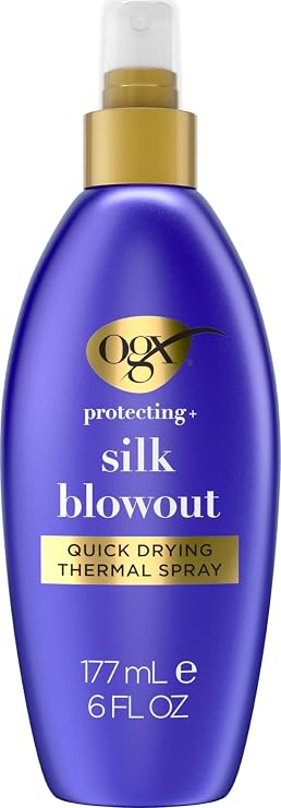 OGX Protecting + Silk Blowout Quick Drying Thermal Protection Spray, Heat Protectant Spray Shields Hair up to 450F For Soft, Shiny Hair and Big, Beautiful Blowouts, Light Hold, 6 fl. oz
