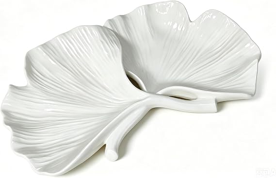 DiliComing White Resin Ginkgo Leaf Decorative Tray 15 Inch for Home Decor | Premium resin ginkgo leaf tray 15x11x2 in for coffee table entryway jewelry display. White boho modern living room decor.
