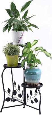 DAZONE 3-Tier Plant Stand for Indoor and Outdoor Use, Black Wrought Iron Metal Plant Shelf Holds 3 Pots, Space-Saving Decor for Corner, Balcony, Bedroom, Garden