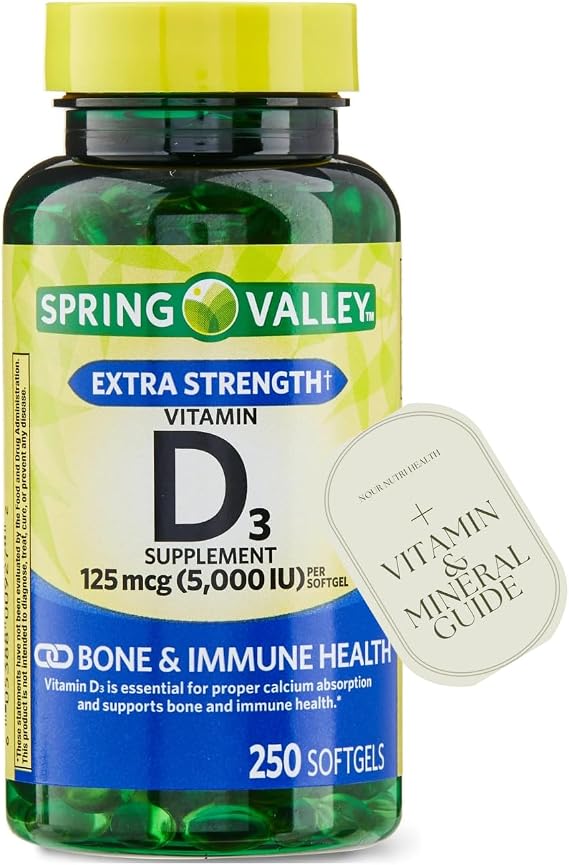 1 Pack Vitamin D3 Softgels, Vitamin D3 125MCG 5000 IU, 250 Count Includes +(Vitamin Guide)