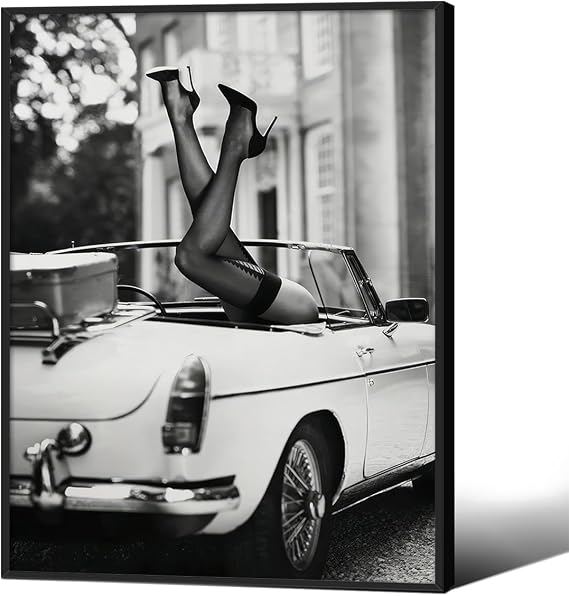 Vintage Black and White Photography Wall Art Sexy Women High Heels Posters 12x16 inch Black Framed Trendy Car Prints for Bedroom Living Room Wall Decor