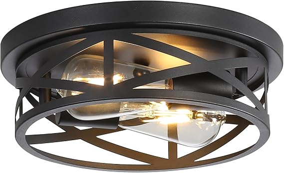 Farmhouse Ceiling Light Fixtures, 11 Inch Metal Cage Cross Close to Ceiling Lights 2-Light, Vintage Flush Mount Ceiling Lights for Bedroom Porch Kitchen Entrance Hallway, Black