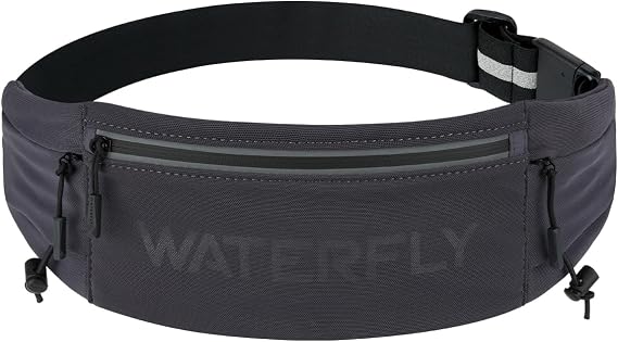 WATERFLY Running Belt Fanny Pack, Runner Race Belt with Bib Clip Dark Gray