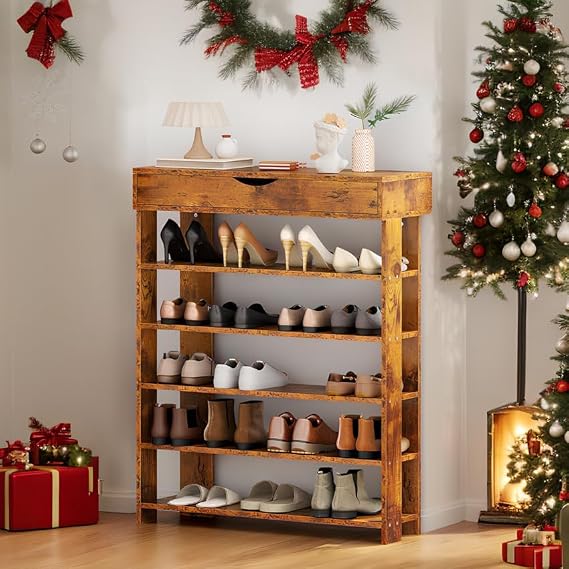 SogesHome 5 Tier Shoe Rack Shoes Shelf Wooden Shoe Storage Shelf Shoe Organizer, Vintage Brown