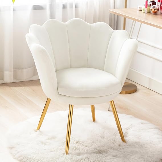 chairus Cream White Makeup Vanity Chair with Back, Small Modern Velvet Upholstered Accent Chair with Gold Metal Legs, Cute Shell Shaped Vanity Stool Desk Chair for Living Room Bedroom Dressing Room