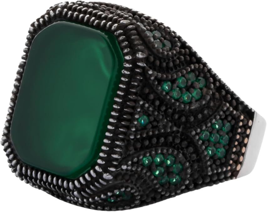 925 Sterling Silver Men's Ring green Agate Stone with Mini Zircon Decoration on the Sides