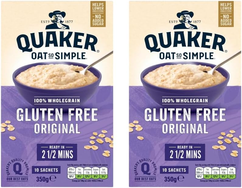 Quaker Oat So Simple Gluten Free Original Porridge Sachets Cereal 350g - 2 Pack | 100% Wholegrain, No Added Sugar, Helps Lower Cholesterol, Gluten free
