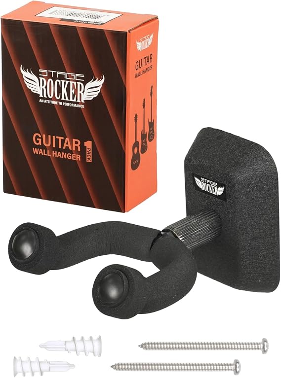 Stage Rocker Guitar Wall Hanger - Guitar Wall Mount Holder with Black Mounting Plate for Acoustic, Electric, Bass, Banjo, Mandolin (Classic Matte Black)