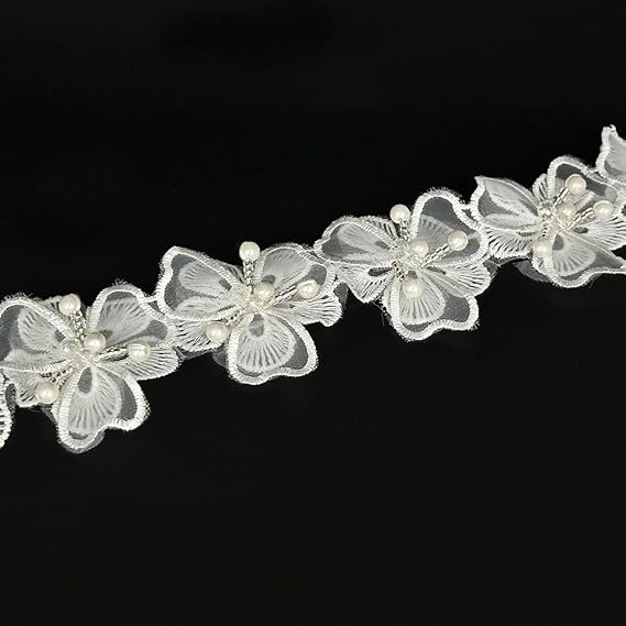 1 Yard Vintage White Pearl Beads Flower Lace Fabric Floral Appliques Embroidered Lace Trim Ribbon for Wedding Bridal Dress Clothes Costume Hat Decoration (White, 1 Yard)