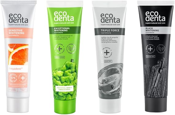 Ecodenta Expert Toothpaste Multipack - Activated Charcoal, Exceptional Tooth Whitening with Bergamot, Sensitive Toothpaste Whitening with Omyadent, Triple Force - 4x100ml