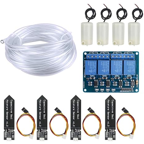 Automatic Irrigation DIY Kit Self Watering System with PDF Tutorial, 4pcs Capacitive Soil Moisture Sensor 4Channel 5V Relay Module and 4pcs Water Pump + 4M Vinyl Tubing for Garden Plant
