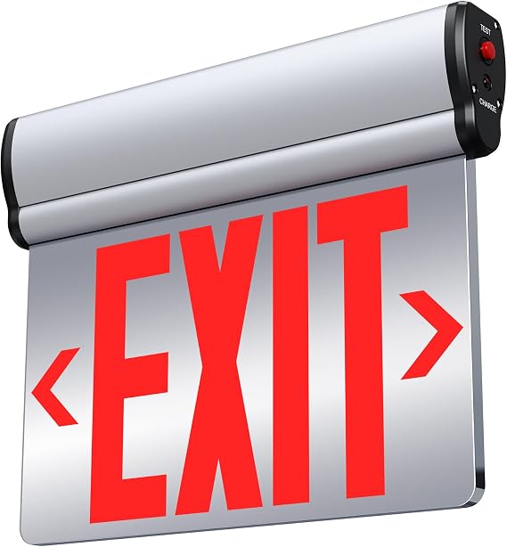 Led Edge-Lit Exit Sign ,Brushed Aluminum Housing Double-Sided Mirrored Rotating Acrylic Panel,Hardwired Emergency Exit Signs with Battery Backup, 120V-347VAC,Red Led Emergency Exit Light for Business , UL Listed,Top/Side/Wall Mount(1 Pack)