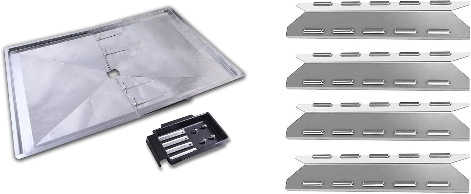 Replacement Grease Tray 24-27 inches width and Heat Plate Set of 4 for Kenmore 146.1613211, 146.16132110, 146.16133110, 146.16142210, 146.16197210, 146.16198210, 146.16222010, 146.23673310