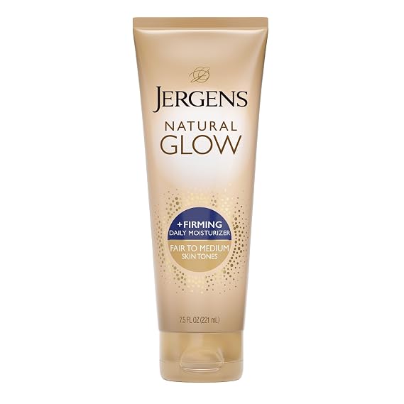 Jergens Natural Glow +Firming Self Tanner Body Lotion, Fair to Medium Skin Tone, Sunless Tanning Moisturizer with Collagen and Elastin. Helps to Visibly Reduce Cellulite, 7.5 Fl Oz | Sunless Tanning Moisturizer, Collagen and Elastin Formula, Reduces Cellulite, Gradual Glow, Fair to Medium Skin Tone