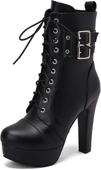 ForeMode Women's Goth Leather Block Heel Ankle Boots Fashion Studded Ankle Strap Trim Punk Boots