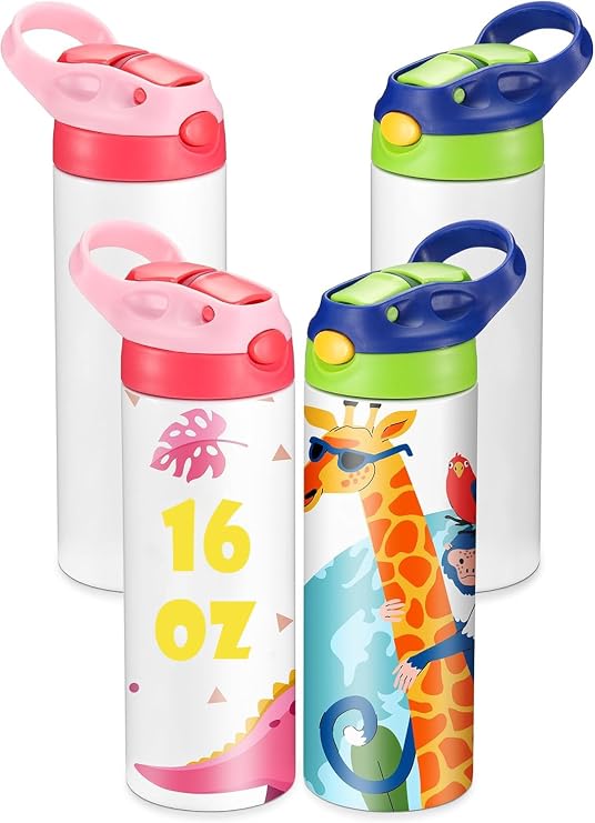 OFFNOVA 16oz Kids Sublimation Tumbler, Kids Sublimation Water Bottle Blank with Handle, Children Sublimation tumblers Cups for Milk, Soda, Juice, Drinks (4 Pack)
