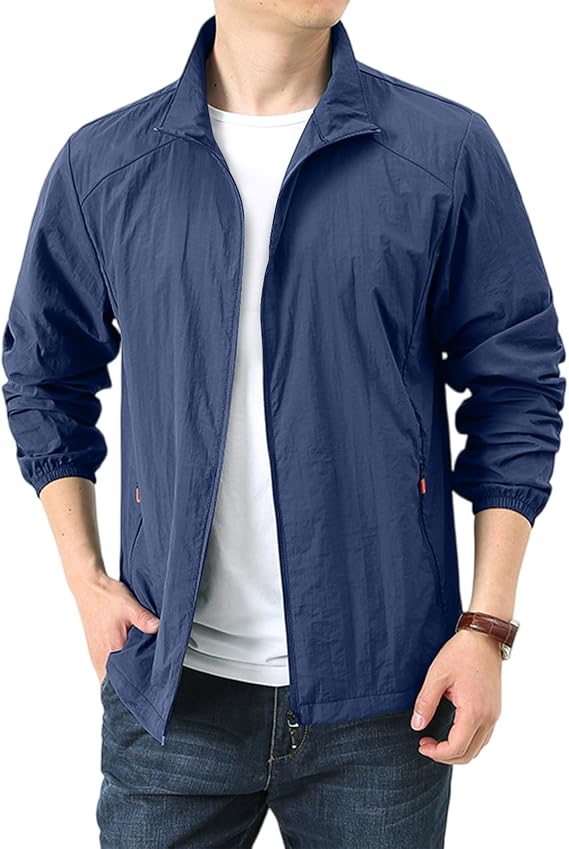 Mens Windbreaker Jackets Lightweight Packable Waterproof Rain Jacket Long Sleeve Zip-Front Trench Coat