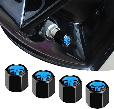 4 PCS Car Tire Valve Cap, Tooth Skull Printed Personalized Decorative Air Valve Cap, Suitable for Most Models Blue