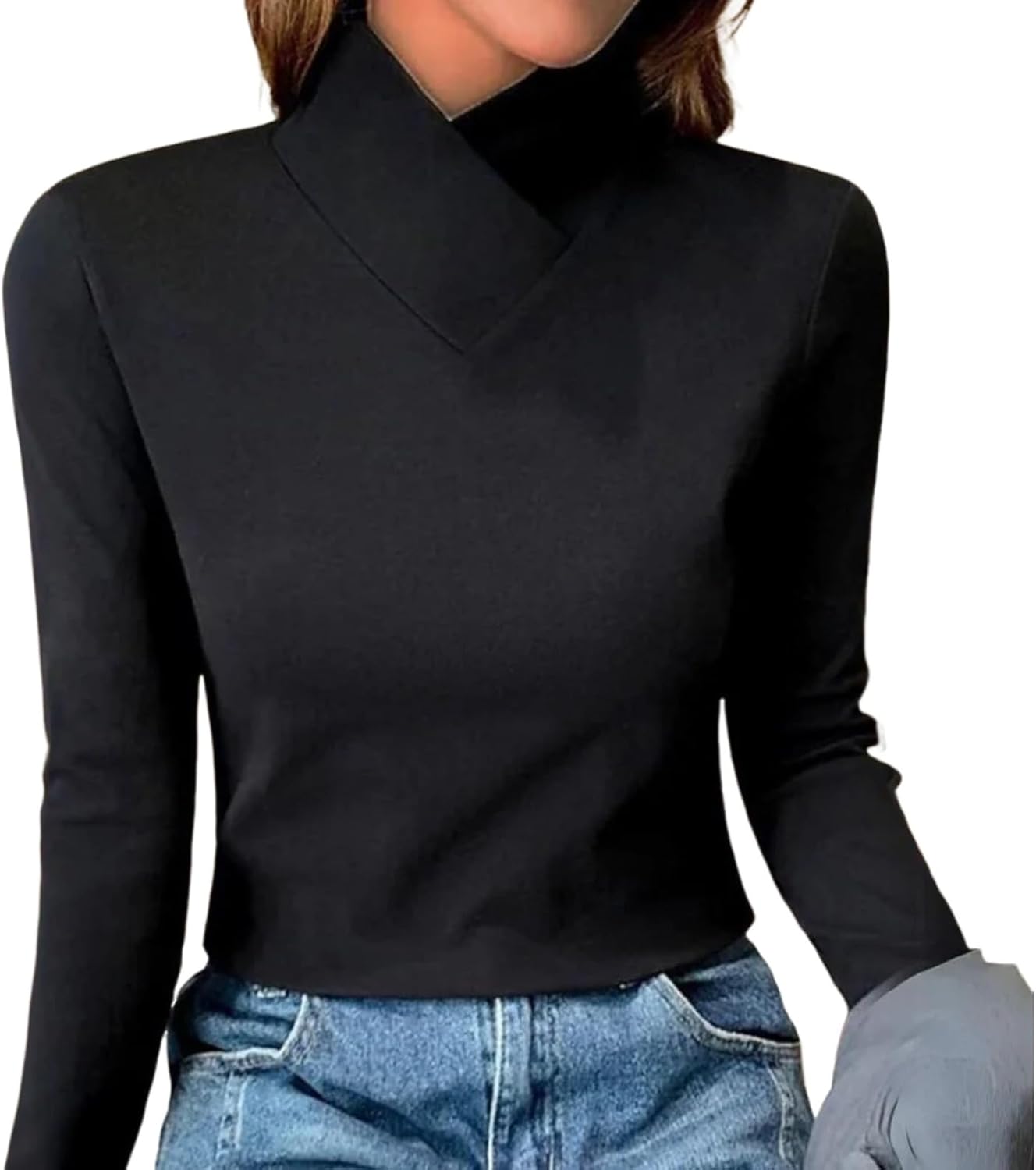 XNC Womens Fall Winter Long Sleeve Turtleneck Brown Plain T Shirts High Stretch Mock Neck Warm Underwear Pullover Fit Tees