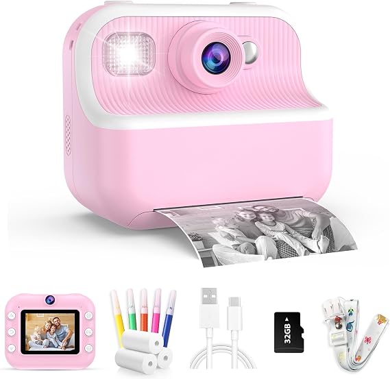 TOZDTO Kids Camera Instant Print,1080P HD Dual Lens Selfie Camera Toys for Girls & Boys Ages 3-12, Instant Photo Printing with 3 Rolls of Paper & 32GB Card, Christmas Birthday Gift for Toddlers (Pink)