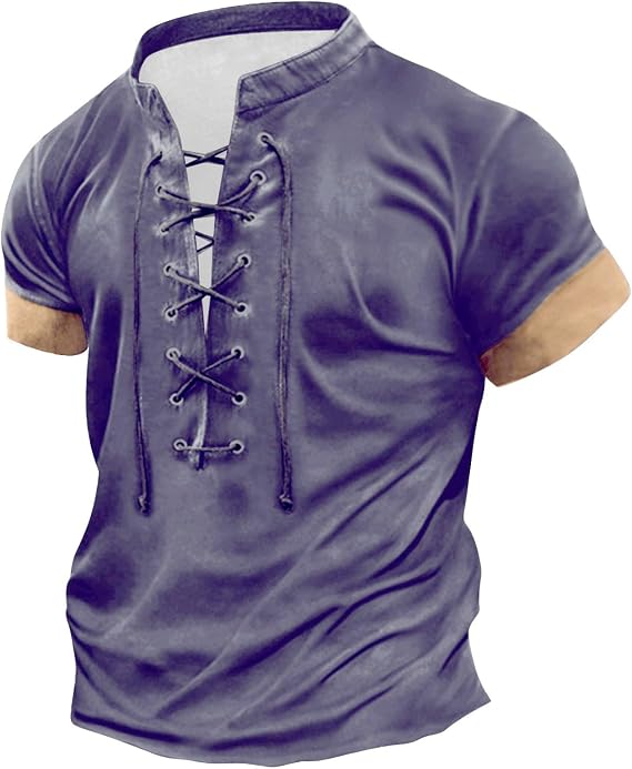 RTTUIOP Men Lace Up V Neck Short Sleeve Bohemian Hippie Renaissance Pirate Kilt Medieval Summer Mens Vintage Sweatshirt