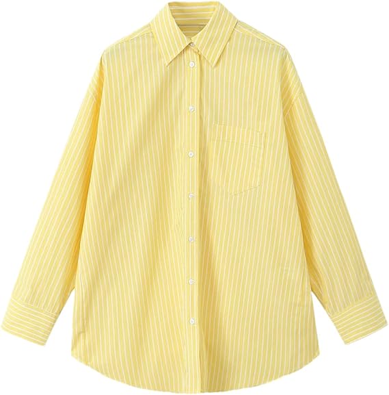 Hdhdeueh Women Striped Button Up Long Shirts Oversized Long Sleeve Pockets Casual Blouses