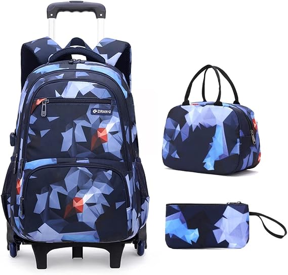 Mildame Geometric Print Rolling Backpack for School Boys Girls with Lunch Bag Teens Bookbag with Wheels Kids Trolley Bag Set, Six Wheels