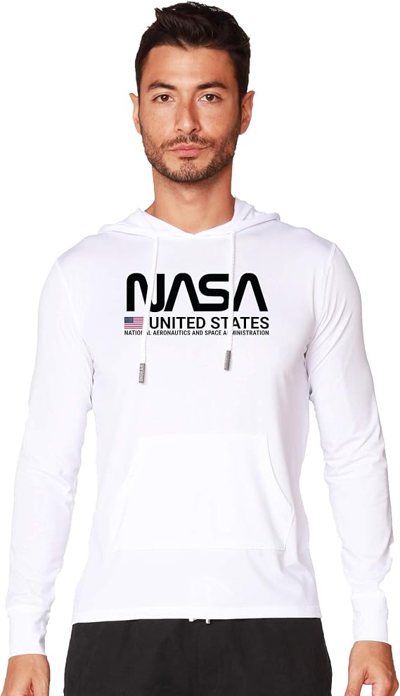 NASA Logo Men's Performance UPF 50+ UV/Sun Protection Hoodie T-Shirt Long Sleeve with Pockets SPF Shirt Running Hiking Shirt