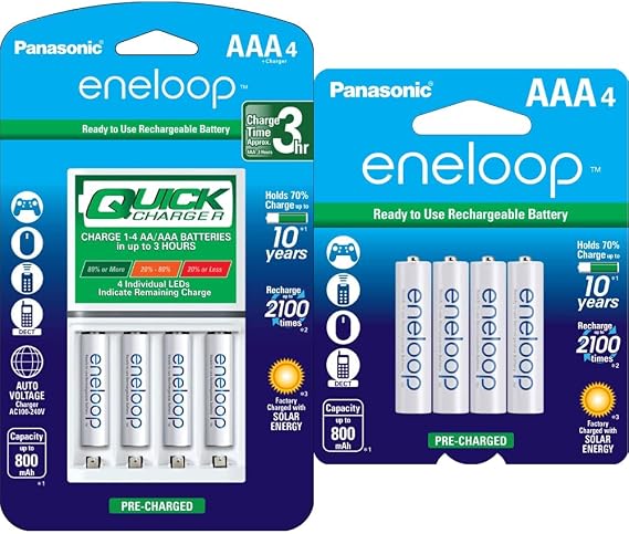 eneloop Panasonic K-KJ55M3A4BA Advanced Individual Battery 3 Hour Quick Charger & BK-4MCCA4BA AAA 2100 Cycle Ni-MH Pre-Charged Rechargeable Batteries, 4-Battery Pack