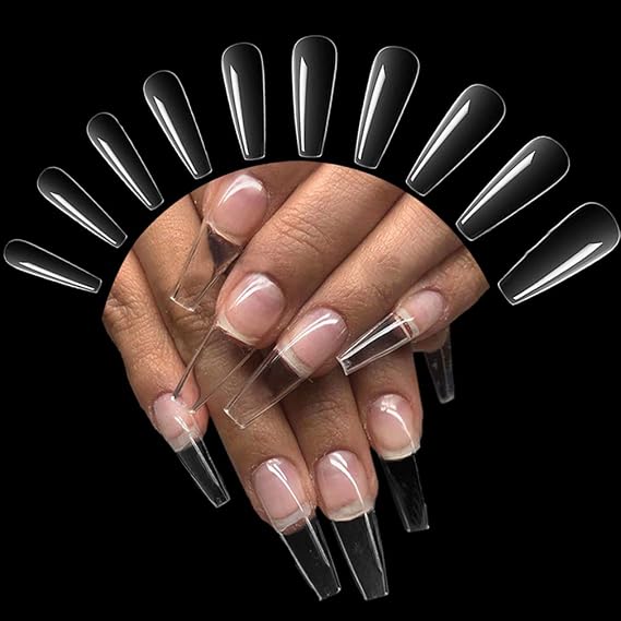 500 Pieces False Nails Tips for Acrylic Nails, Full Cover Fake Nail Extension Tips, Clear Coffin Acrylic Tips, Ballerina Nail Tips 10 Sizes