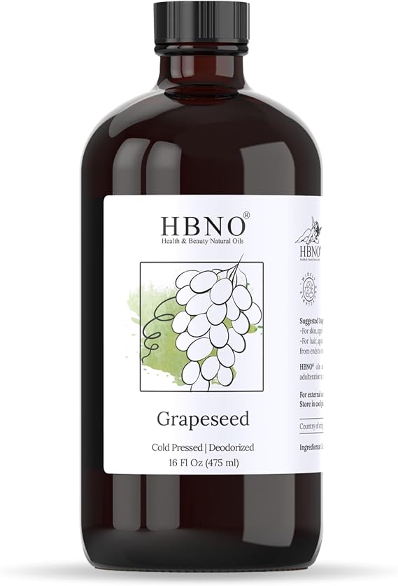 HBNO Grapeseed Oil - 16 oz (480ml) Value Size - Ideal for Shampoos, Conditioners, Mouth Washes, Face wash, Lotions, and Skin Care Products (Glass Bottle).