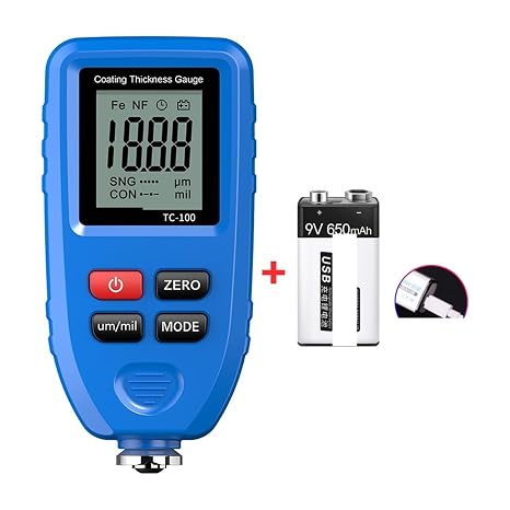 Paint Thickness Meter, TC100 White Car Paint Coating Thickness Gauge Car Paint Film Thickness Tester Measuring Paint Tool(Blue with Battery)