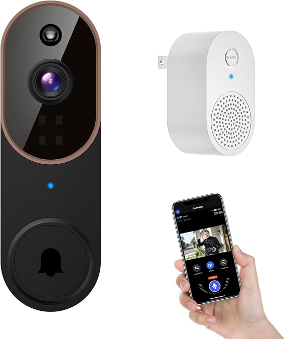 1080p Wireless Smart Doorbell Camera with Doorbell Receiver, HD Live Image, AI Human Detection, 2.4GHz Wi-Fi, Two- Way Audio, Cloud Storage, Battery Powered Camera (Brown)