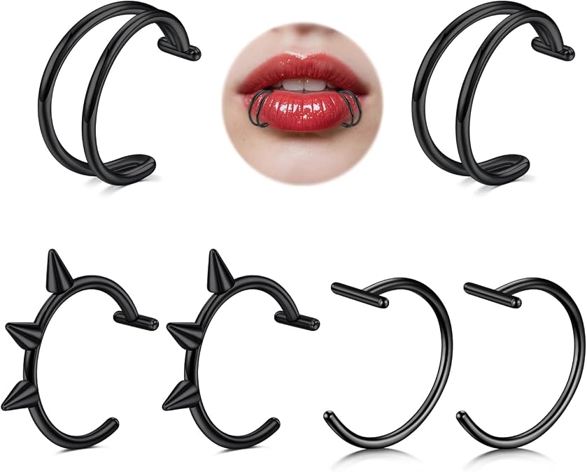 MODRSA Silver Black Fake Lip Piercing Fake Lip Ring Cuffs Clip on Faux Snake Bites Hoops Non Piercings Jewelry Vampire Teeth Fangs for Halloween Jewelry Clip Double Hoop Snakebite Jewelry