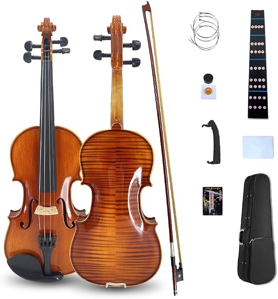 Vetimobato Handmade 4/4 Full Size Violin Set - Solid Flame Maple Back & Sides Spruce Top Ebony Fittings Complete Kit with Case Bow Shoulder Rest Strings for Beginners to Intermediate Players(4/4)