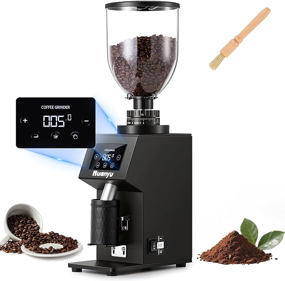 Huanyu 64mm Flat Burr Coffee Grinder, Anti-Clog Lotus Hopper for Cafes