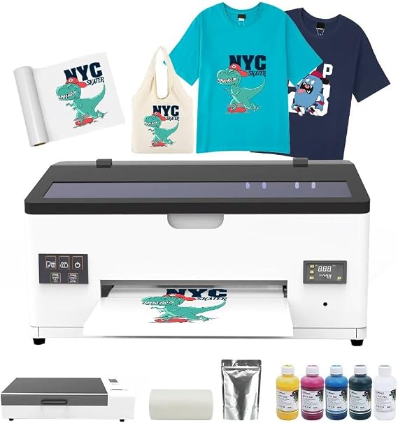 DTF A3 1800 Printer with Oven, DTF Transfer Printing Machine Bundles for DIY T-Shirt, with White Ink Circulation and Semi-Automatic Cleaning (Printer+A3 Oven+Software+Ink+Roll Film+Powder)