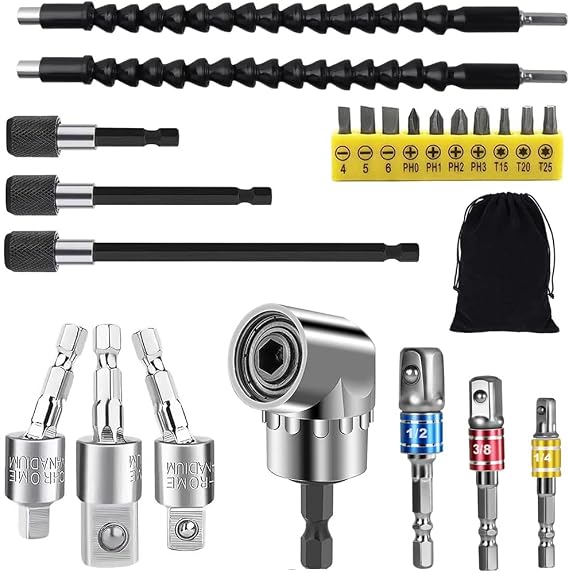 Flexible Drill Bit Extension Set, 105 Right Angle Drill Attachment, 1/4 3/8 1/2In Hex Shank Impact Driver Socket Adapter Rotatable Socket, Bendable Drill Bit Extension Screwdriver Bit