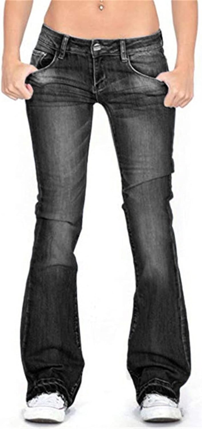 Skinny Flare Jeans Womens Fashion Denim Pants Bootcut Bell Bottom Stretch Pants Women Jeans Low Rise Jeans Color Black, Size M